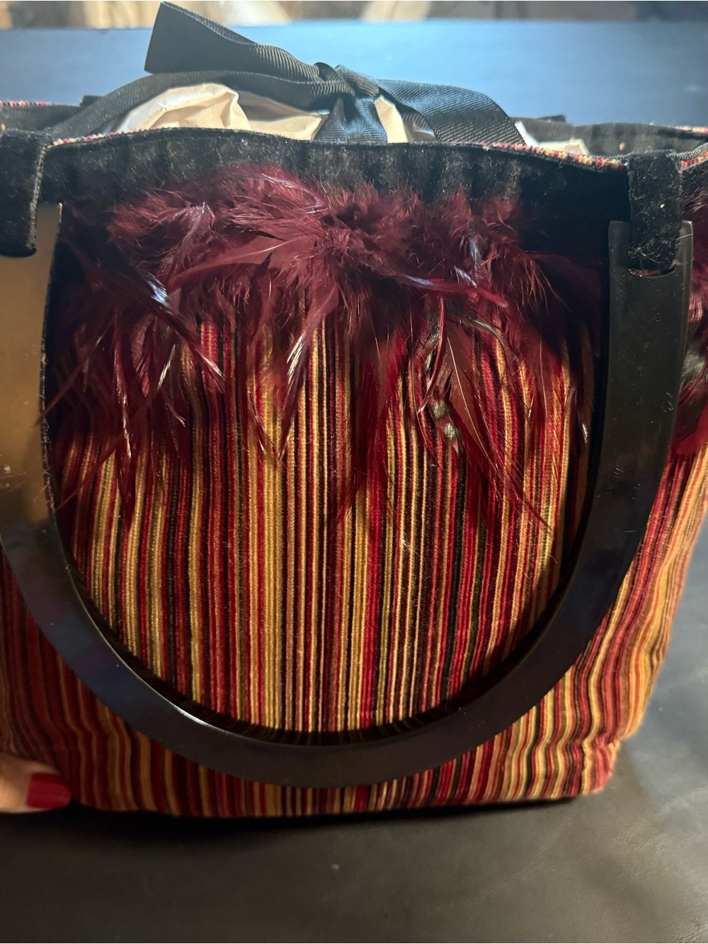 Vintage Y2K Feather-Trimmed Striped Bucket Tote Bag